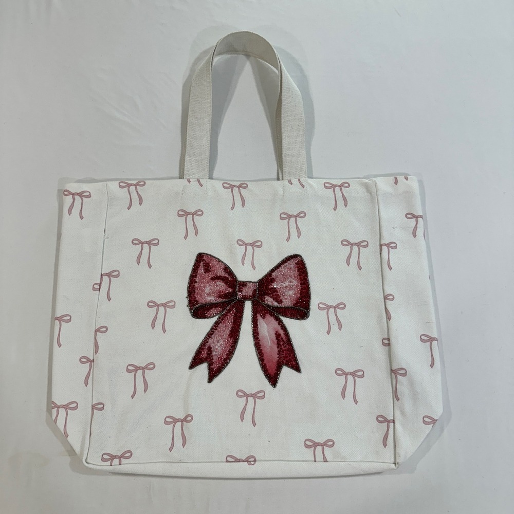 White Pink Bow Print Beaded Canvas Tote Bag Large Coquette Aesthetic Handbag